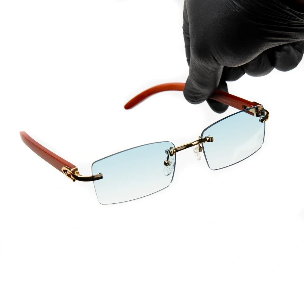 Sky Blue Mens Gradient Tint Vintage Gold Frame Woodgrain Hip Hop Sunglasses